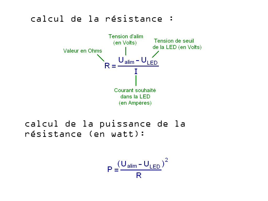 R=(U alim-U led)/I       P=(U alim-U led)²/R